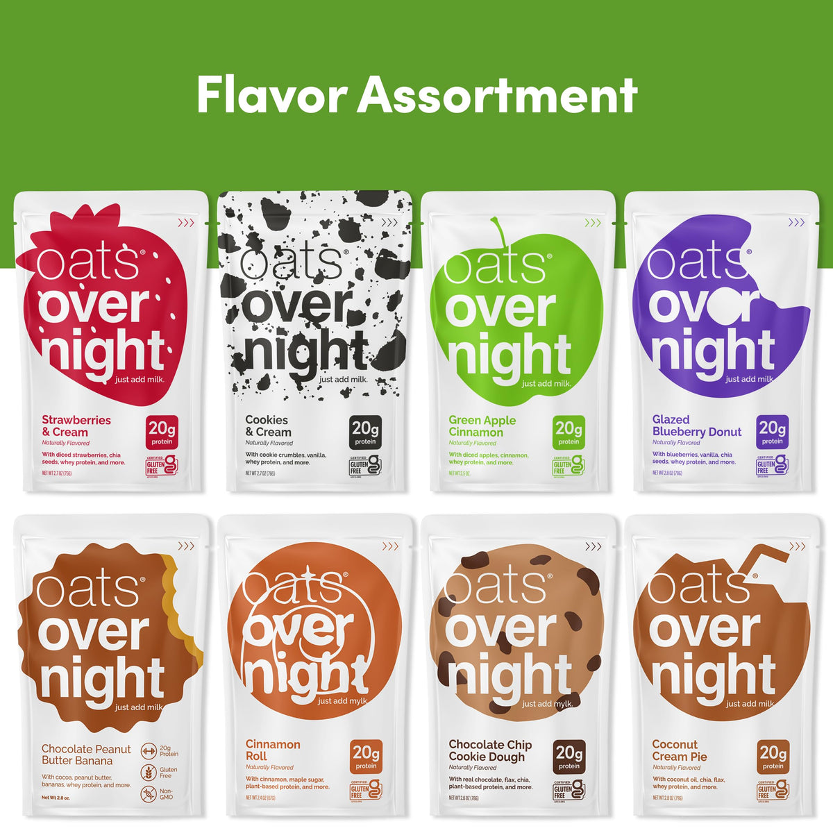Oats Overnight high-protein and fiber ingredients highlight morning energy.