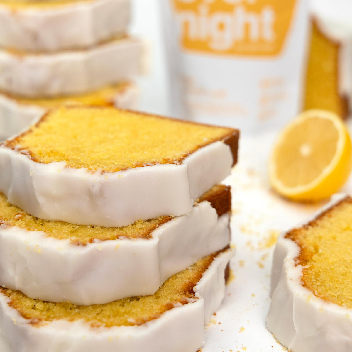Oats Overnight iced lemon loaf ingredients infographic emphasizes gluten-free and plant-based nutrition.
