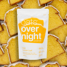 Oats Overnight iced lemon loaf packaging showcases kosher non-GMO quality and clean labeling.