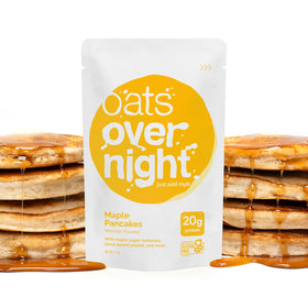 Oats Overnight Maple Pancakes packaging and label showing gluten-free and vegan claims.