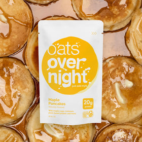 Oats Overnight Maple Pancakes ingredients visual featuring oats and chia seeds.