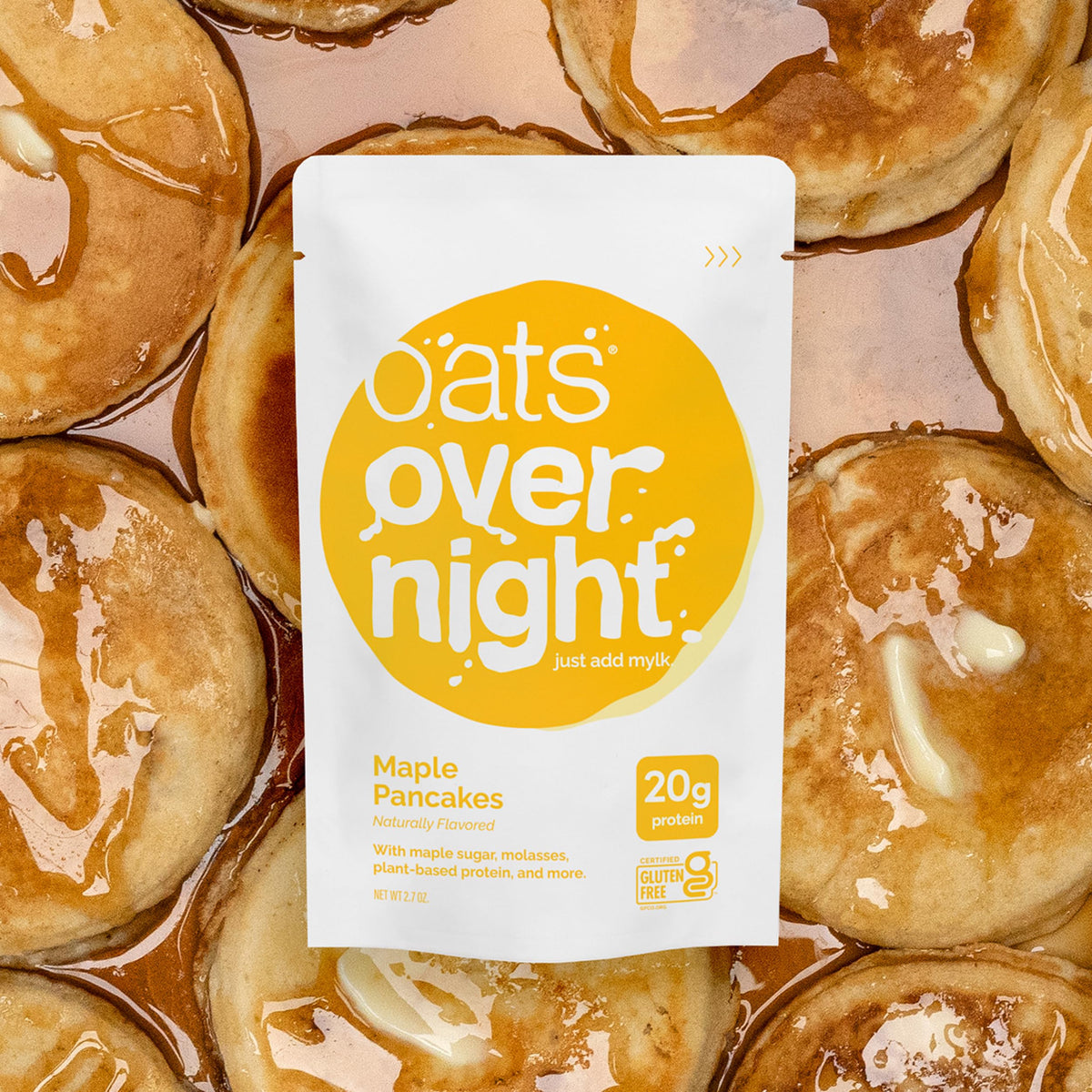 Oats Overnight Maple Pancakes nutrition label close-up highlighting protein and fiber.