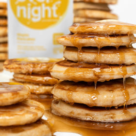 Oats Overnight Maple Pancakes with shaker bottle, ready-to-go morning option.