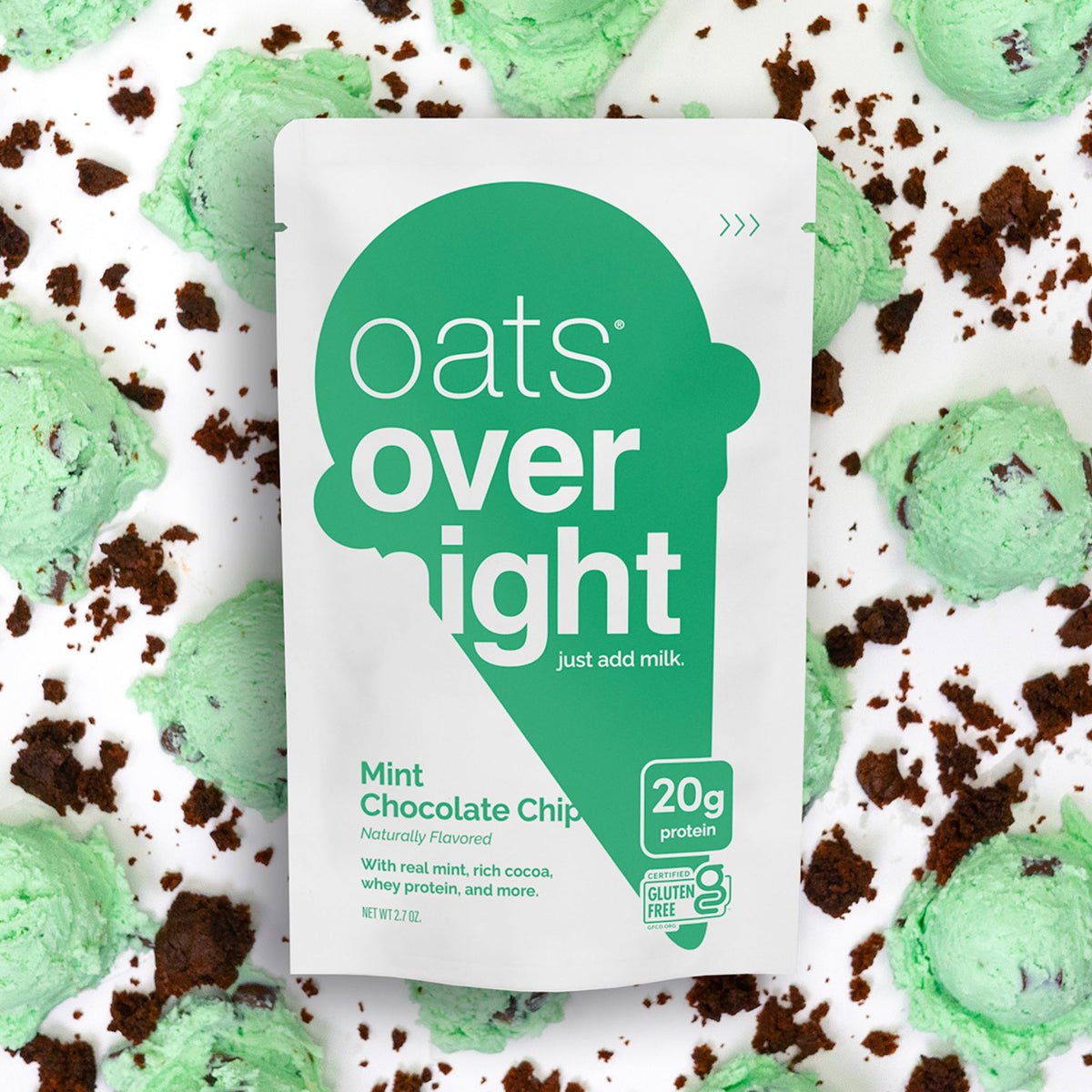 Oats Overnight Mint Chocolate Chip close-up highlights mini chips and cocoa.