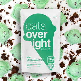 Oats Overnight Mint Chocolate Chip close-up highlights mini chips and cocoa.