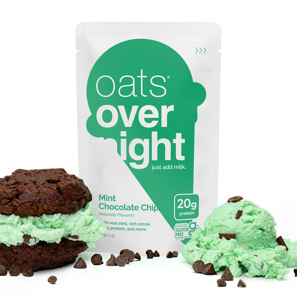 Oats Overnight Mint Chocolate Chip packaging communicates gluten-free and non-GMO attributes.