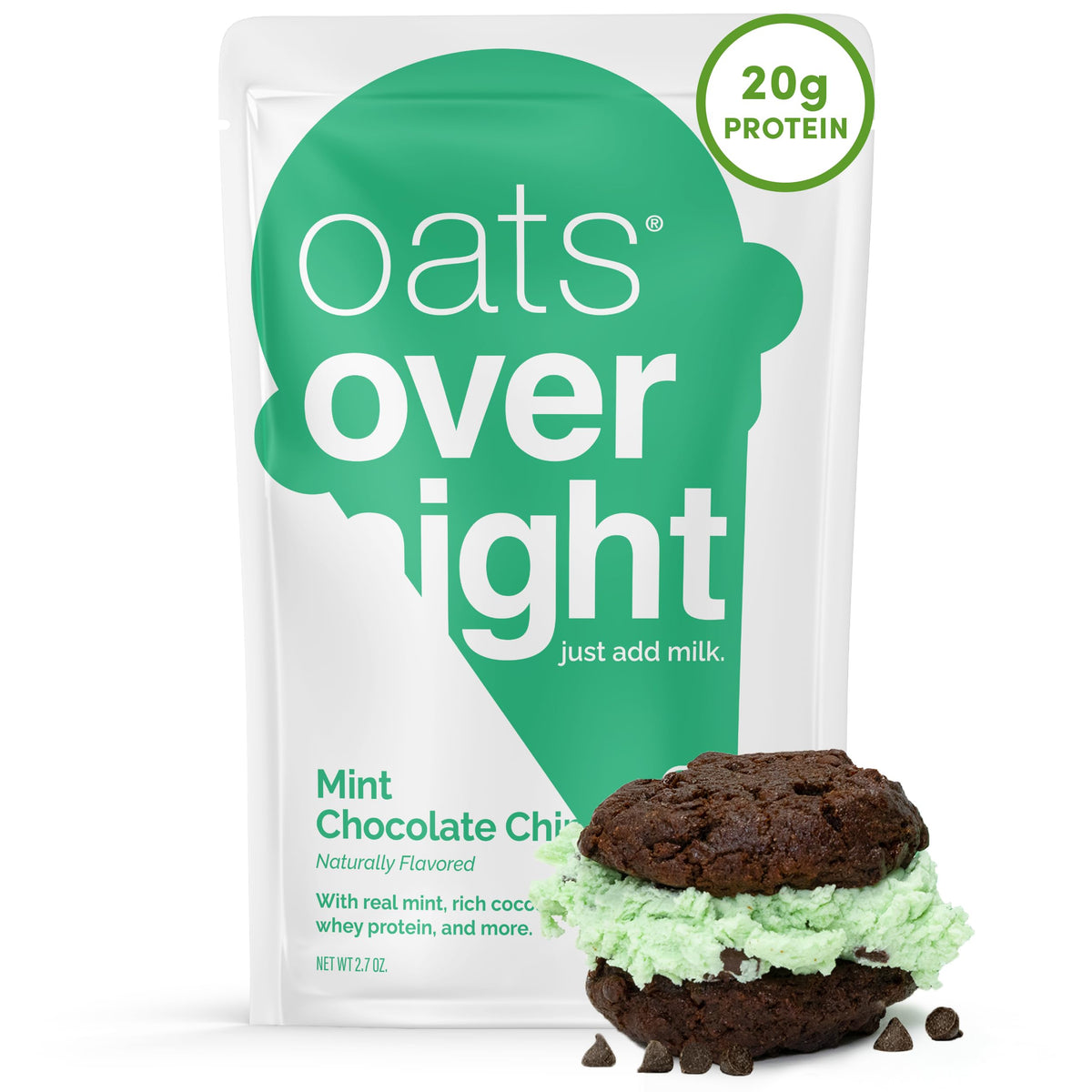 Oats Overnight Mint Chocolate Chip pack front shows an 8-pack, ideal for busy mornings.