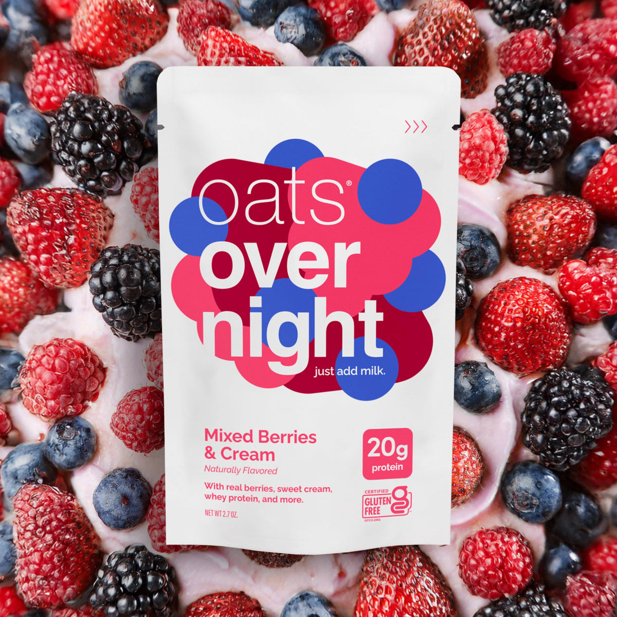Oats Overnight Mixed Berries & Cream label highlights gluten-free and non-GMO ingredients