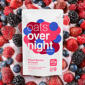 Oats Overnight Mixed Berries & Cream label highlights gluten-free and non-GMO ingredients