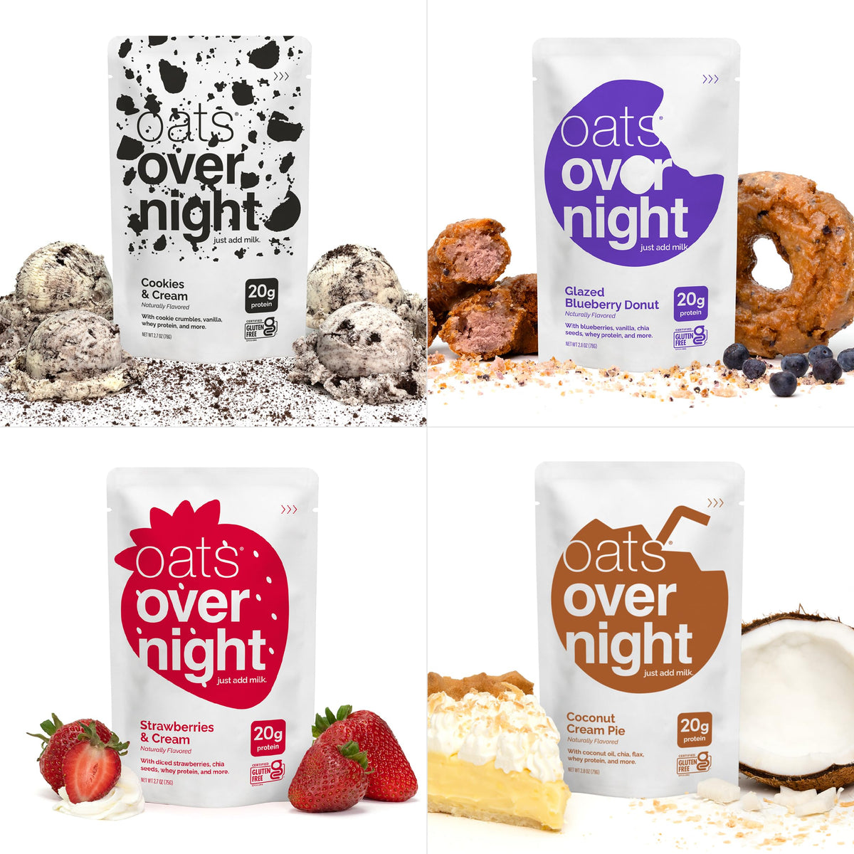 Oats Overnight Party Pack morning routine visuals imply grab-and-go convenience.