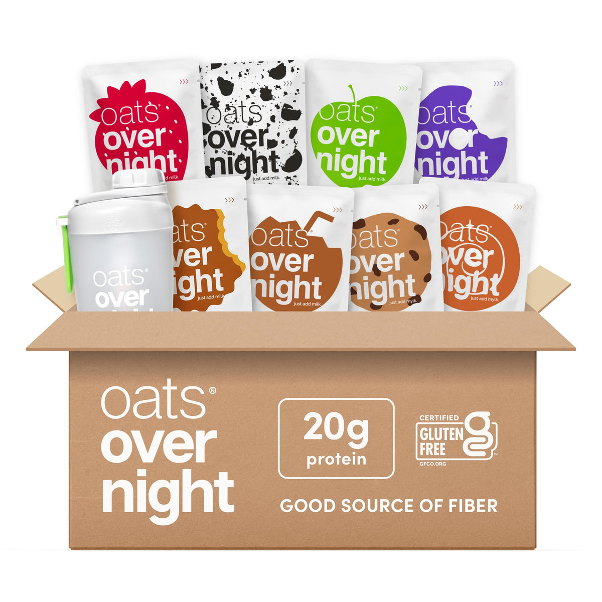 Oats Overnight Party Variety Pack front view shows grab-and-go breakfast.