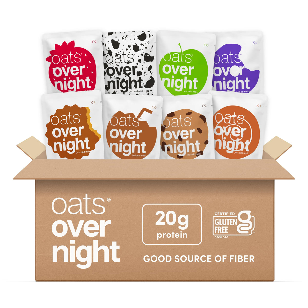 Oats Overnight party variety pack label shows gluten-free, high-protein formula for busy mornings.