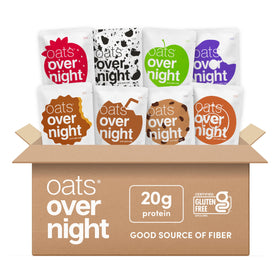 Oats Overnight party variety pack label shows gluten-free, high-protein formula for busy mornings.