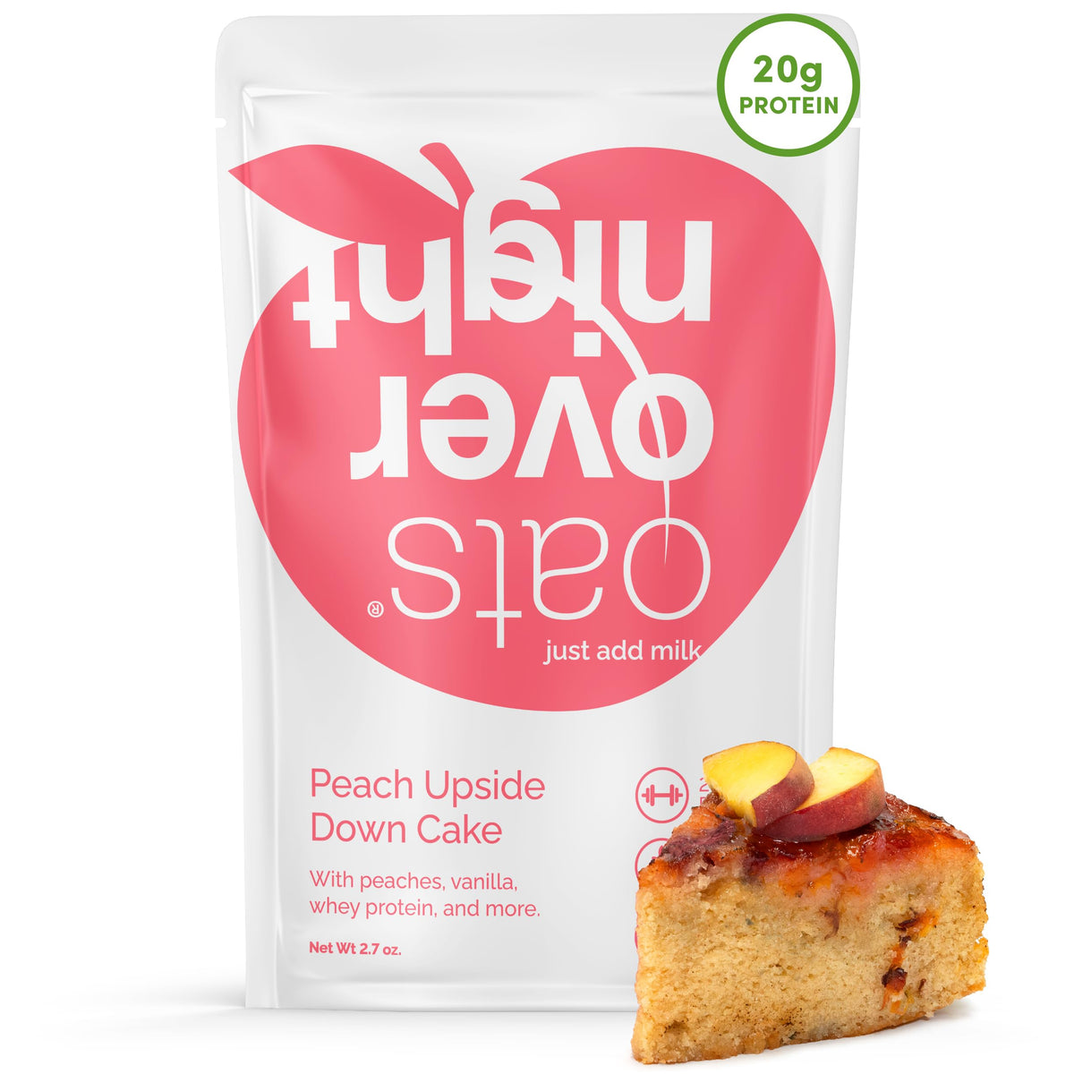 Oats Overnight Peach Upside Down Cake pack highlights gluten-free breakfast option