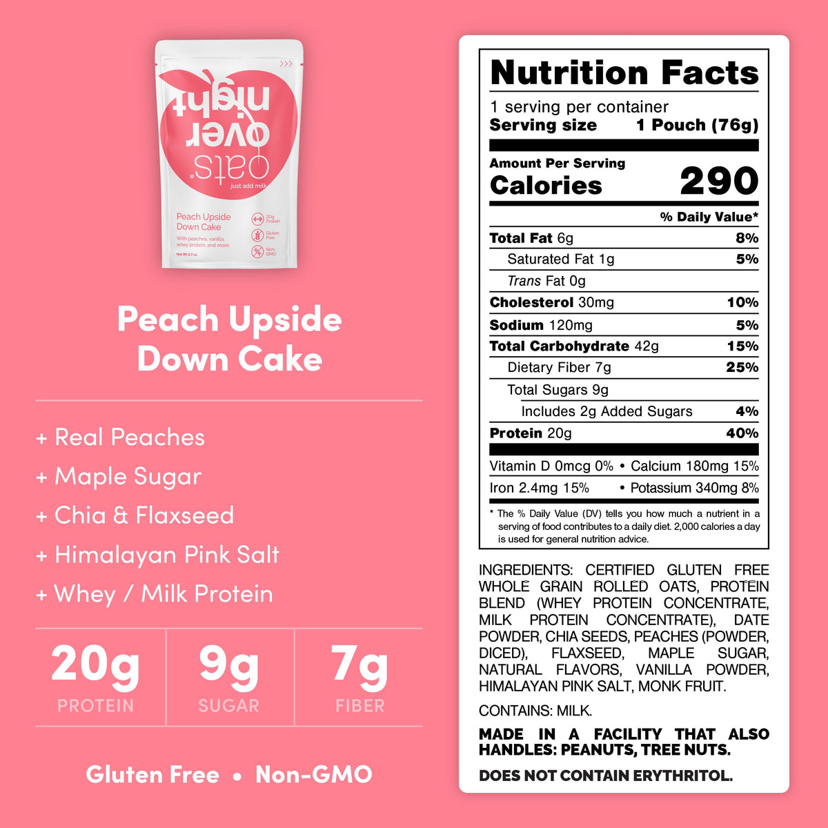 Oats Overnight Peach Upside Down Cake tub with peaches and protein