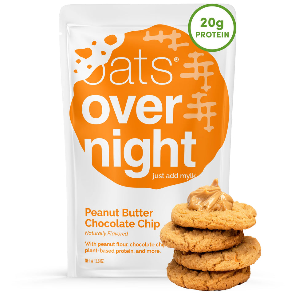 Oats Overnight peanut butter chocolate chip packaging front shows quick breakfast option