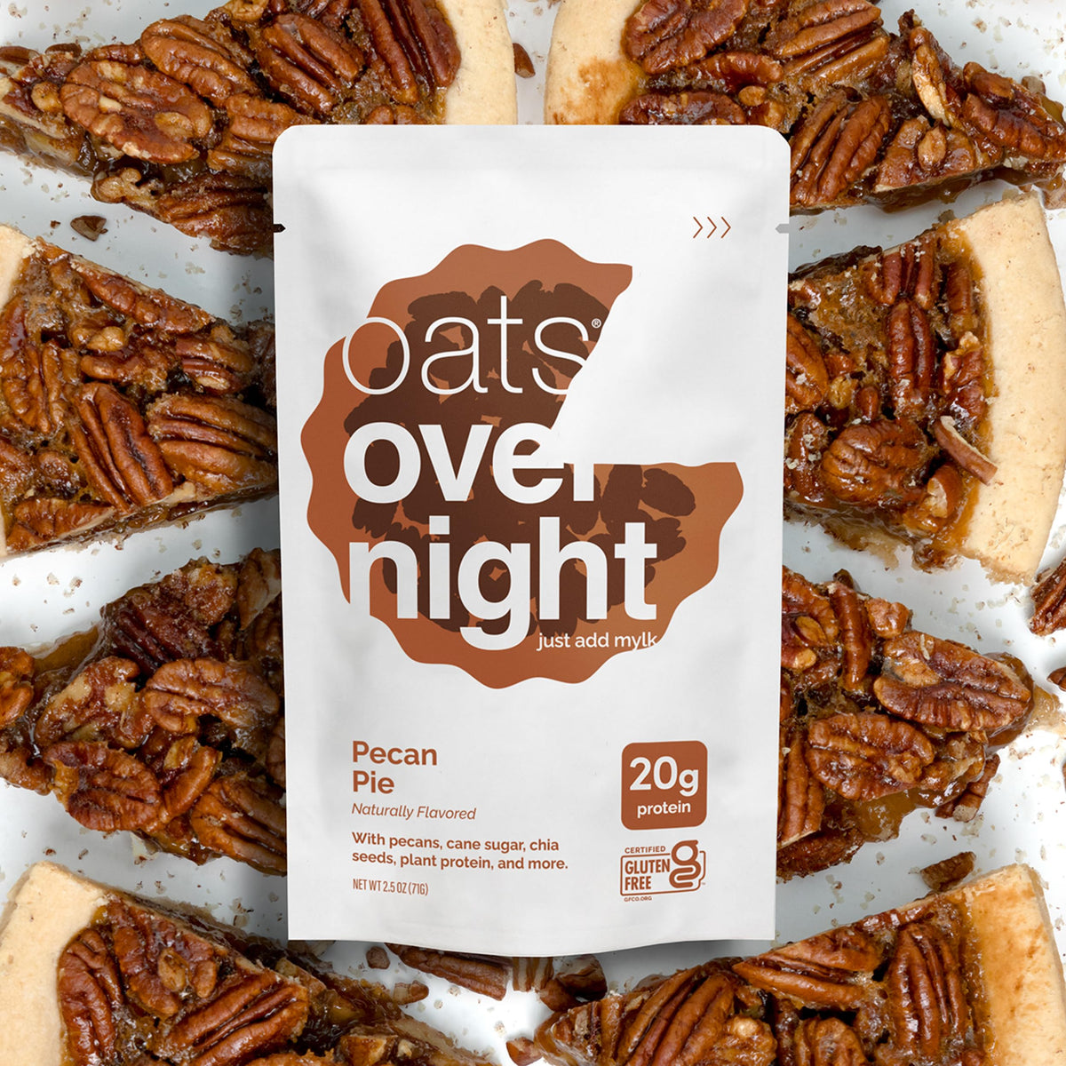 Oats Overnight Pecan Pie pouch emphasizing gluten-free oats for breakfast.