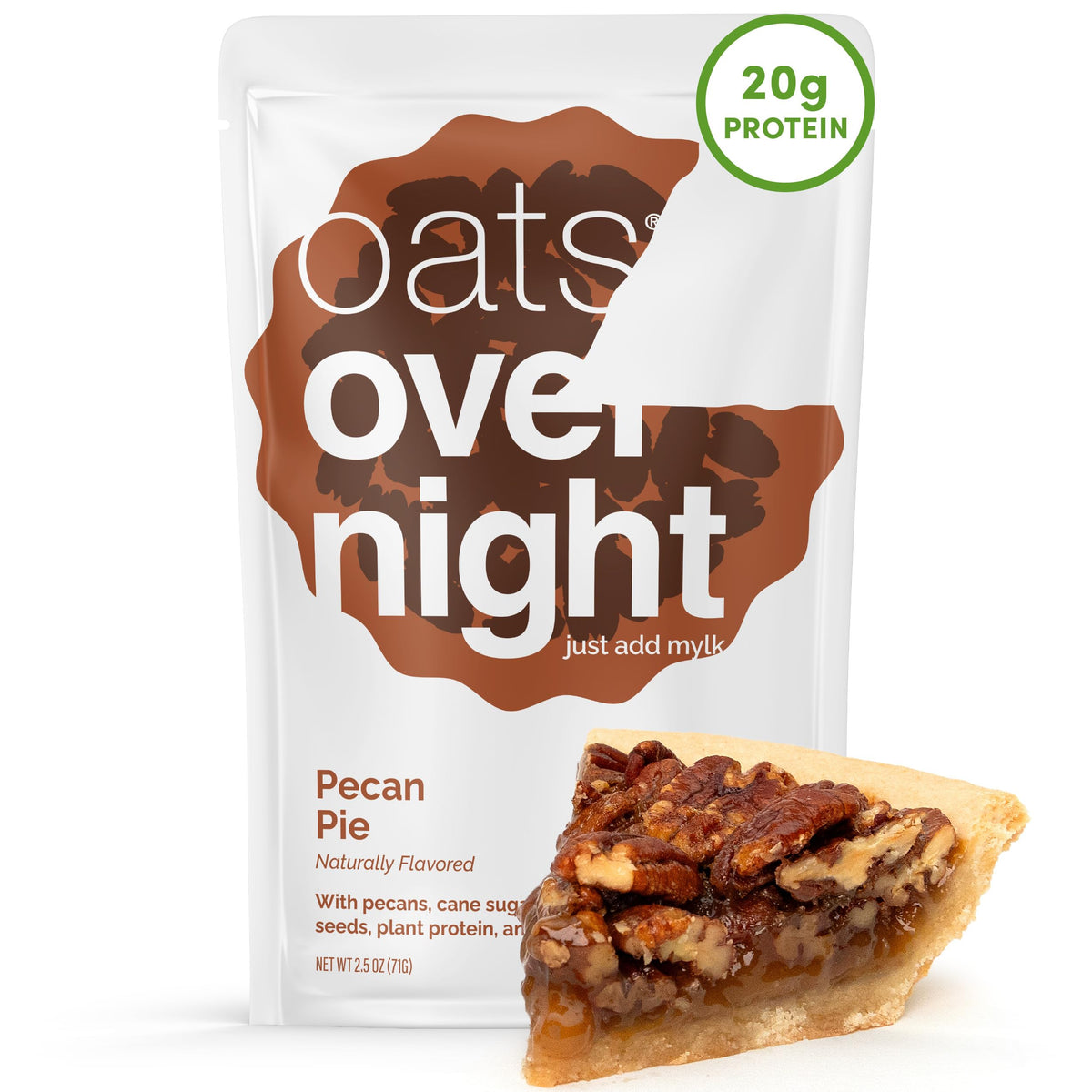 Oats Overnight Pecan Pie pack showing gluten-free, plant-based protein oats.