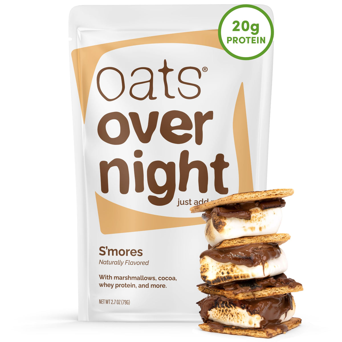 Oats Overnight Smores packaging highlights gluten-free, high-protein breakfast option.