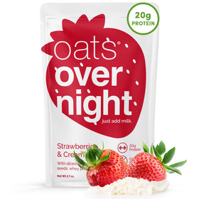 Oats Overnight Strawberries & Cream pack highlighting gluten-free, protein-packed breakfast option.