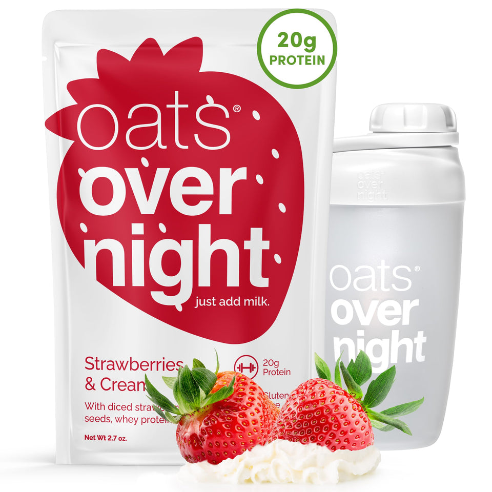 Oats Overnight strawberries & cream pack shows a convenient high protein breakfast.