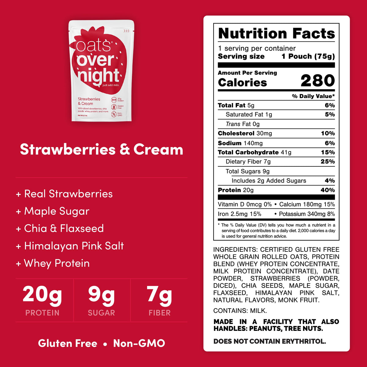 Oats Overnight Strawberries & Cream shaker-ready image highlighting convenient on-the-go mix.