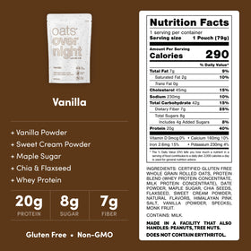 Vanilla Oats Overnight ingredients spread highlighting gluten-free oats and protein.