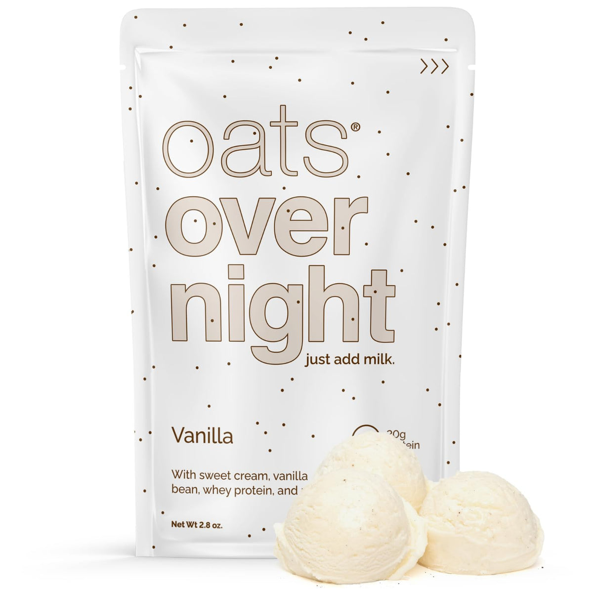 Oats Overnight Vanilla pack close-up highlighting a quick, protein-packed breakfast.