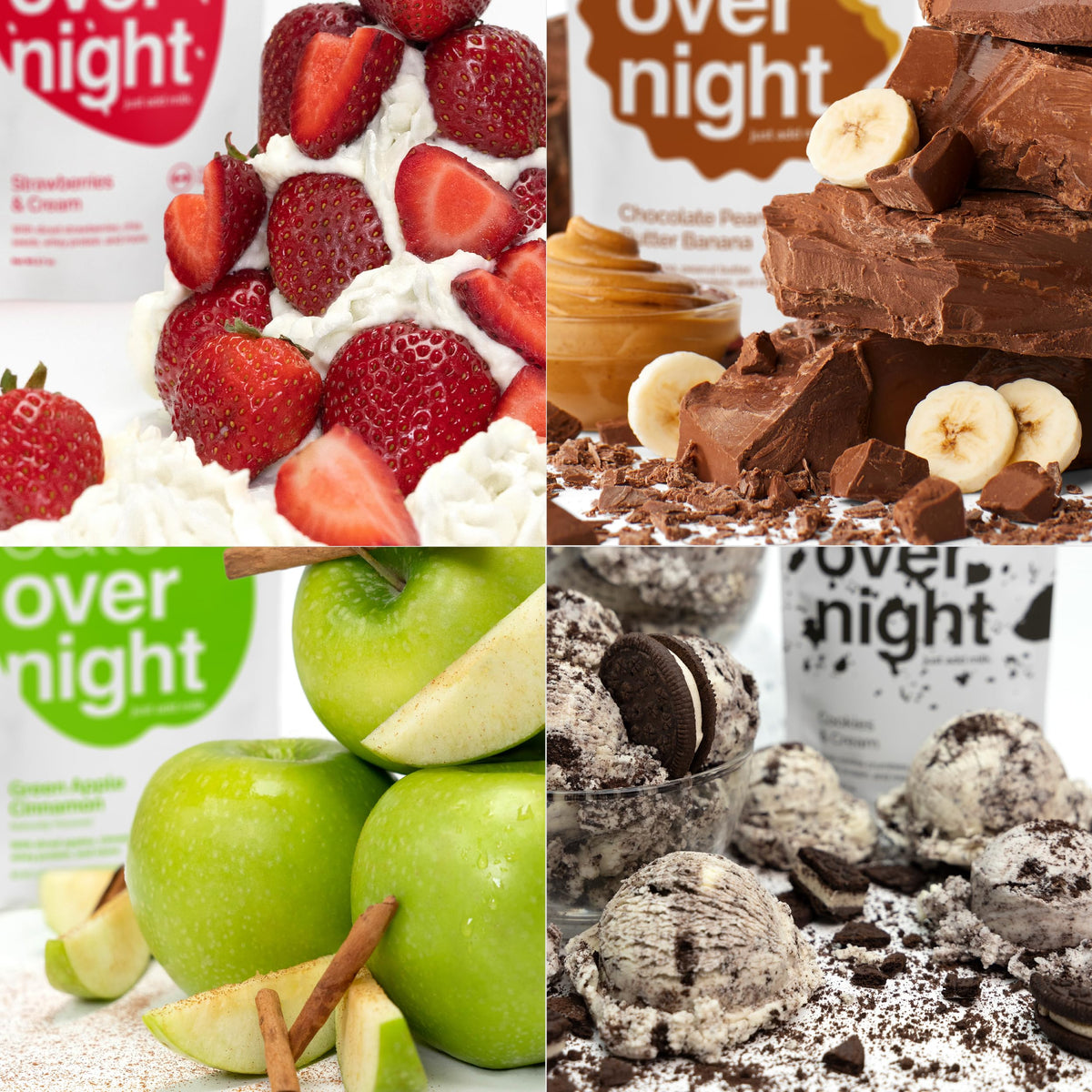Oats Overnight variety-pack display with four flavors.