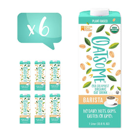 Oatsome Barista bottle pour shows creamy, dairy-free oat milk for coffee.