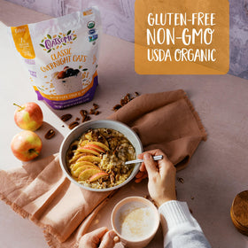 Oatsome gluten-free bag of oats on a kitchen counter.