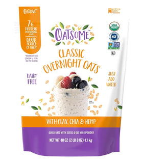 Oatsome overnight oats bowl with chia, flax, hemp and berries for a balanced breakfast.