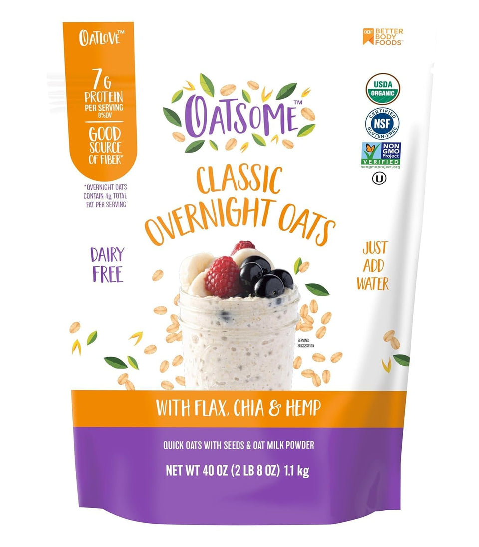 Oatsome overnight oats bowl with chia, flax, hemp and berries for a balanced breakfast.