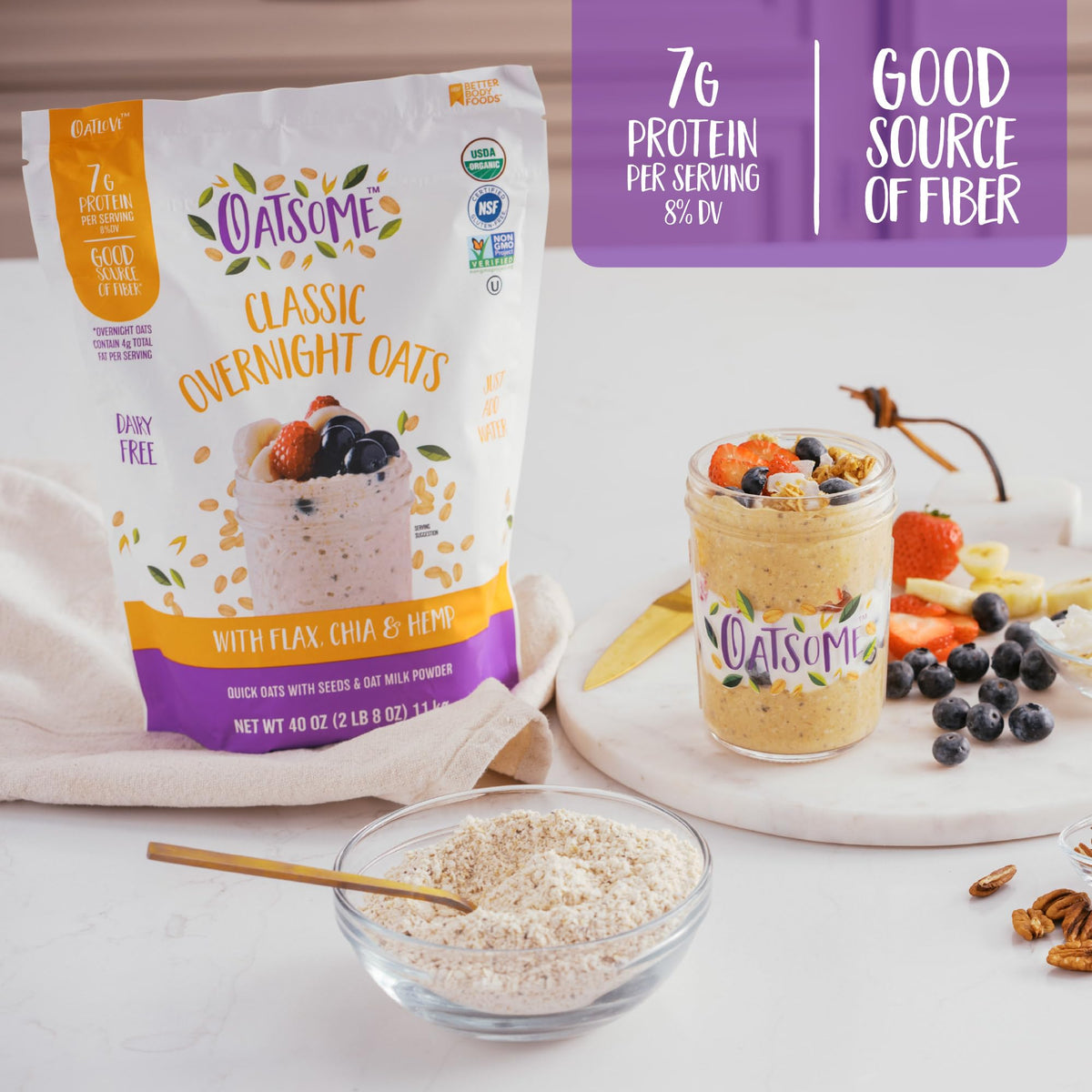 Oatsome overnight oats packaging highlighting gluten-free and organic certifications.