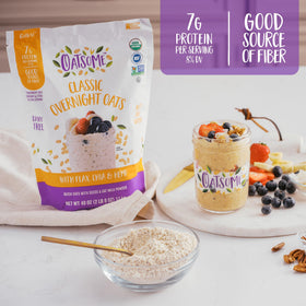 Oatsome overnight oats packaging highlighting gluten-free and organic certifications.