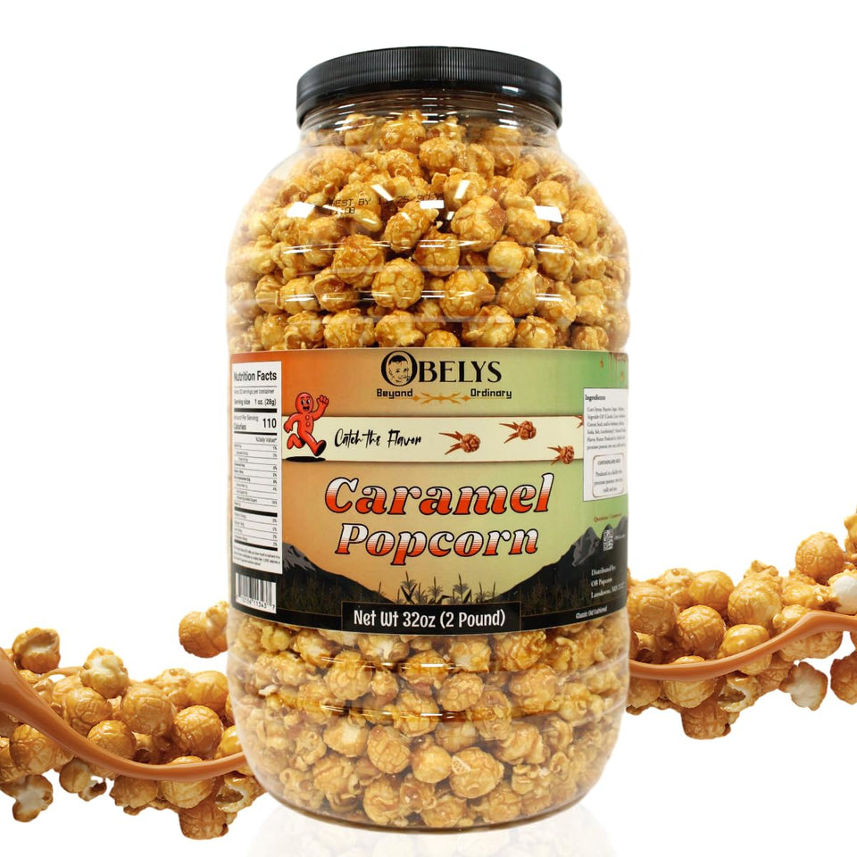 OBELYS Caramel Popcorn Crunch tub close-up with rich caramel coating for a crave-worthy snack
