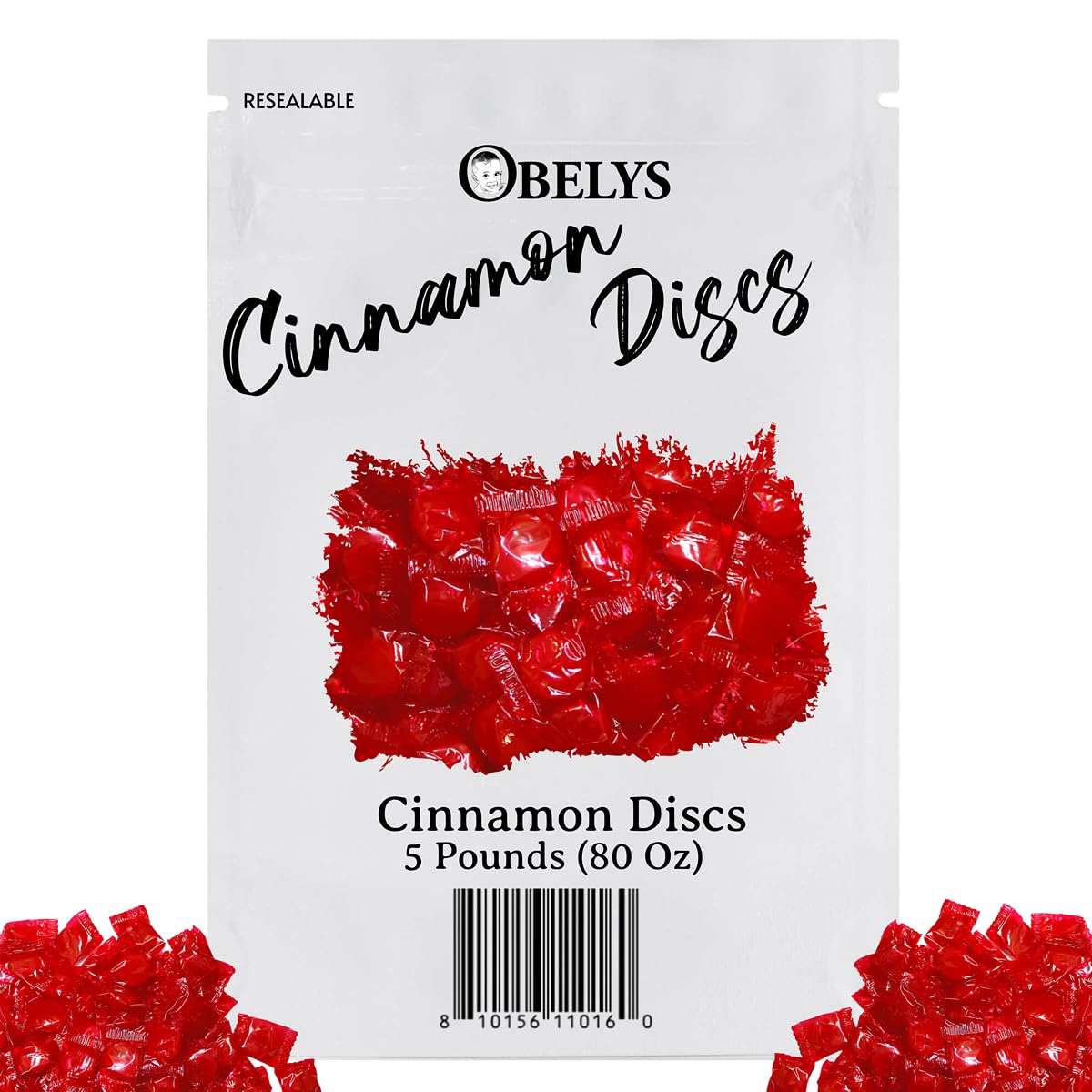 OBELYS Cinnamon Discs packaging shows a bulk 5-pound bag for easy gifting.
