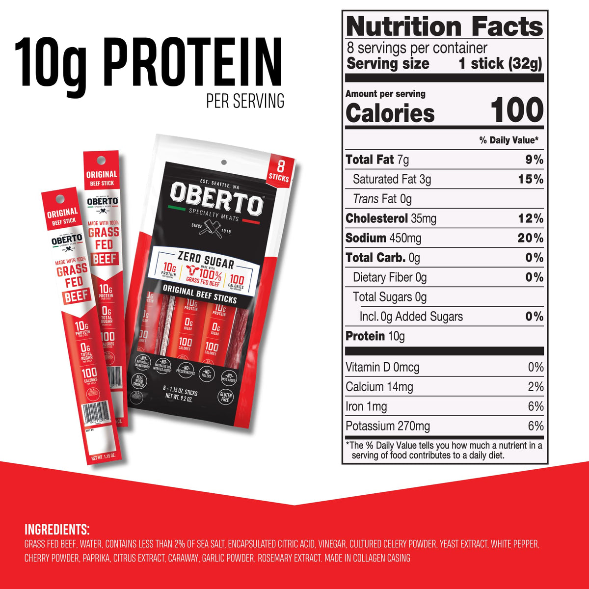 Oberto beef sticks with 10g protein per stick for a satisfying snack