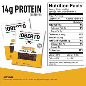 Oberto beef jerky slices closeup shows lean texture and savory wood-smoked flavor.