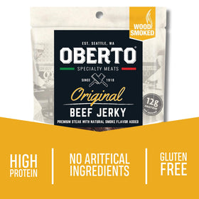 Close-up of Oberto beef jerky showing tender bite texture and marbling.