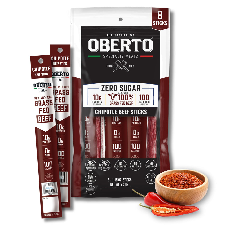 Oberto chipotle grass-fed beef sticks offer bold flavor and clean ingredients for on-the-go snacking.