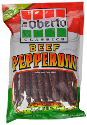 Oberto Classics Beef Pepperoni Zip Pak resealable pouch preserves freshness.