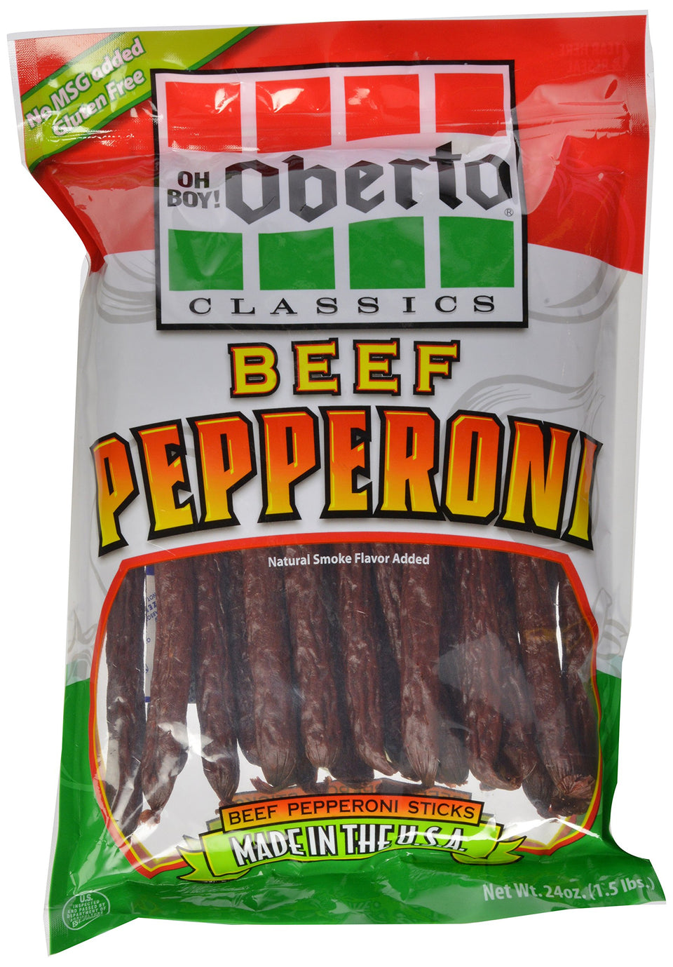 Oberto Classics Beef Pepperoni Zip Pak resealable pouch preserves freshness.