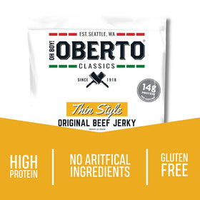 Oberto Classics Jerky back panel displays nutrition facts and gluten-free claim for mindful snacking.