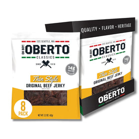 Oberto Classics Thin Style Original Jerky front of resealable bag highlights portable protein snack.