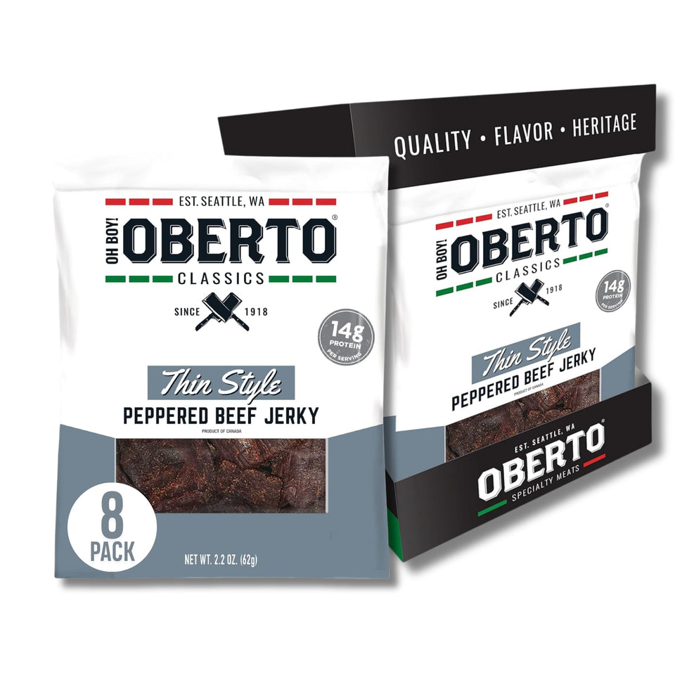 Oberto Classics Thin Style Peppered Jerky pack with resealable bag for on-the-go snacking