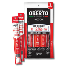 Oberto grass-fed beef sticks original pack showing clean ingredients for a protein snack