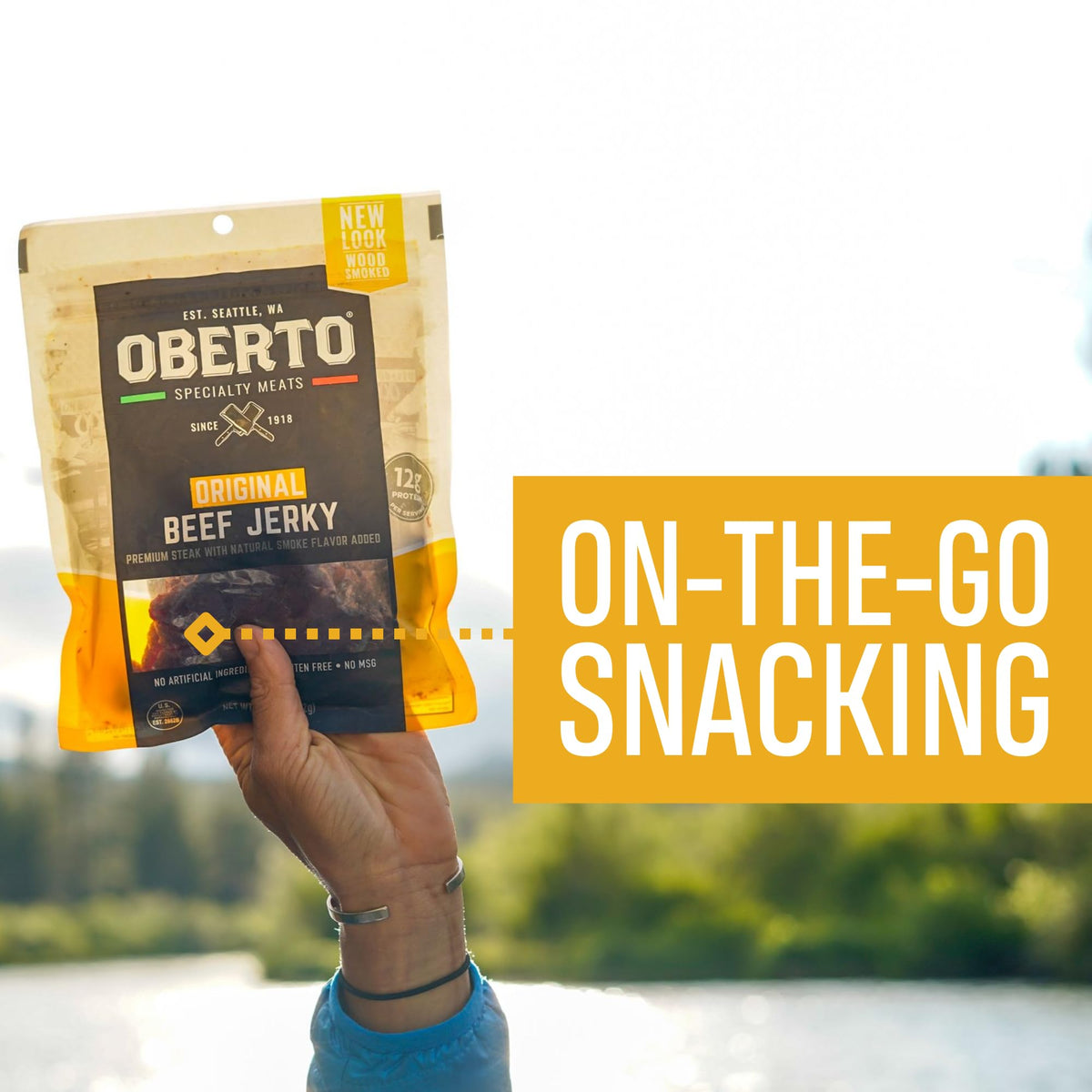 Nutritional panel on Oberto jerky highlighting 12g protein per ounce.