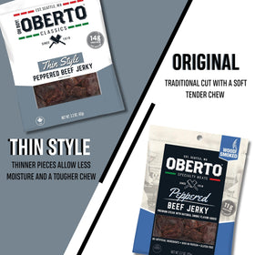 Oh Boy! Oberto Classics Peppered Jerky strip shows convenient 1.2 oz serving