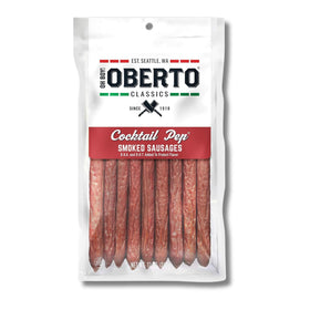 Oberto Oh Boy Cocktail Pep Smoked Sausages in resealable bag for on-the-go snacking.